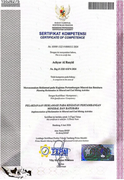 Dokumen Pelaksanaan reklamasi pertambangan mineral & batubara, BNSP / LSP Teknik Tambang Prima Mandiri · Achyar Al Rasyid
