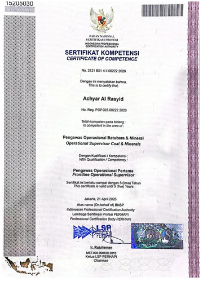 Dokumen Pengawas operasional pertama, BNSP / LSP PERHAPI · Achyar Al Rasyid