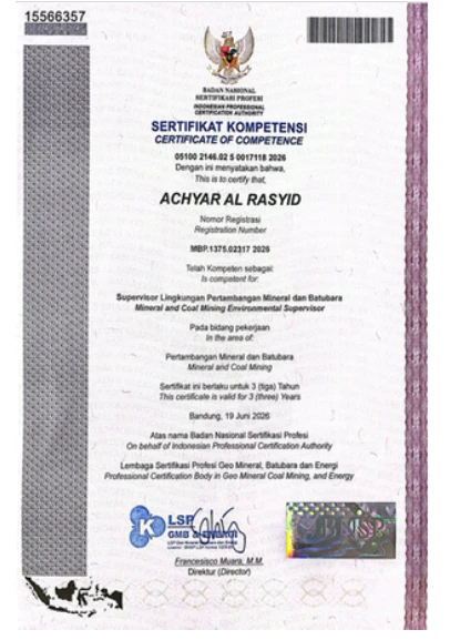 Dokumen Supervisor lingkungan pertambangan mineral & batubara, BNSP / LSP GMB & Energi · Achyar Al Rasyid